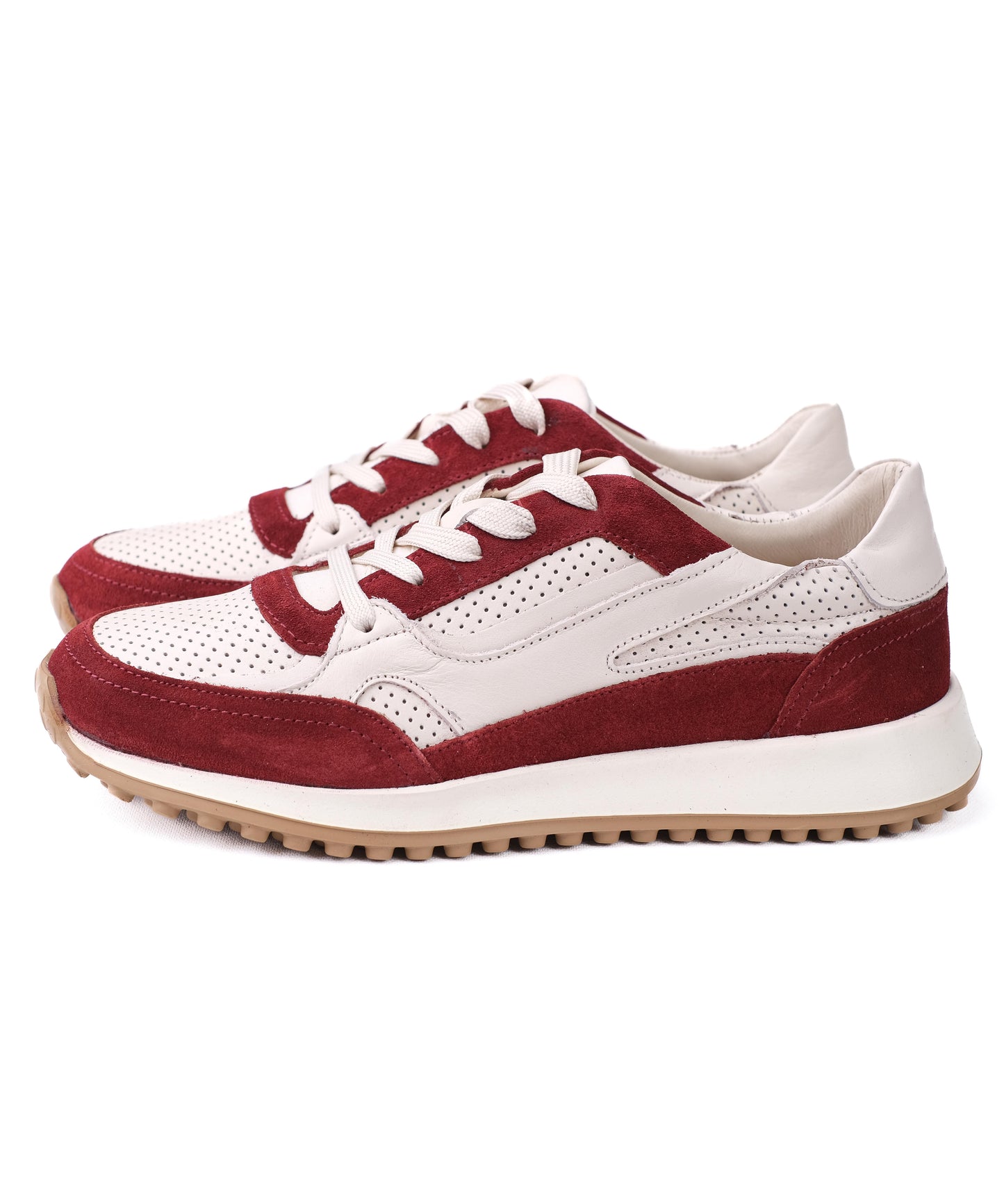 White and Burgundy Leather Sneakers – Retro Running Style