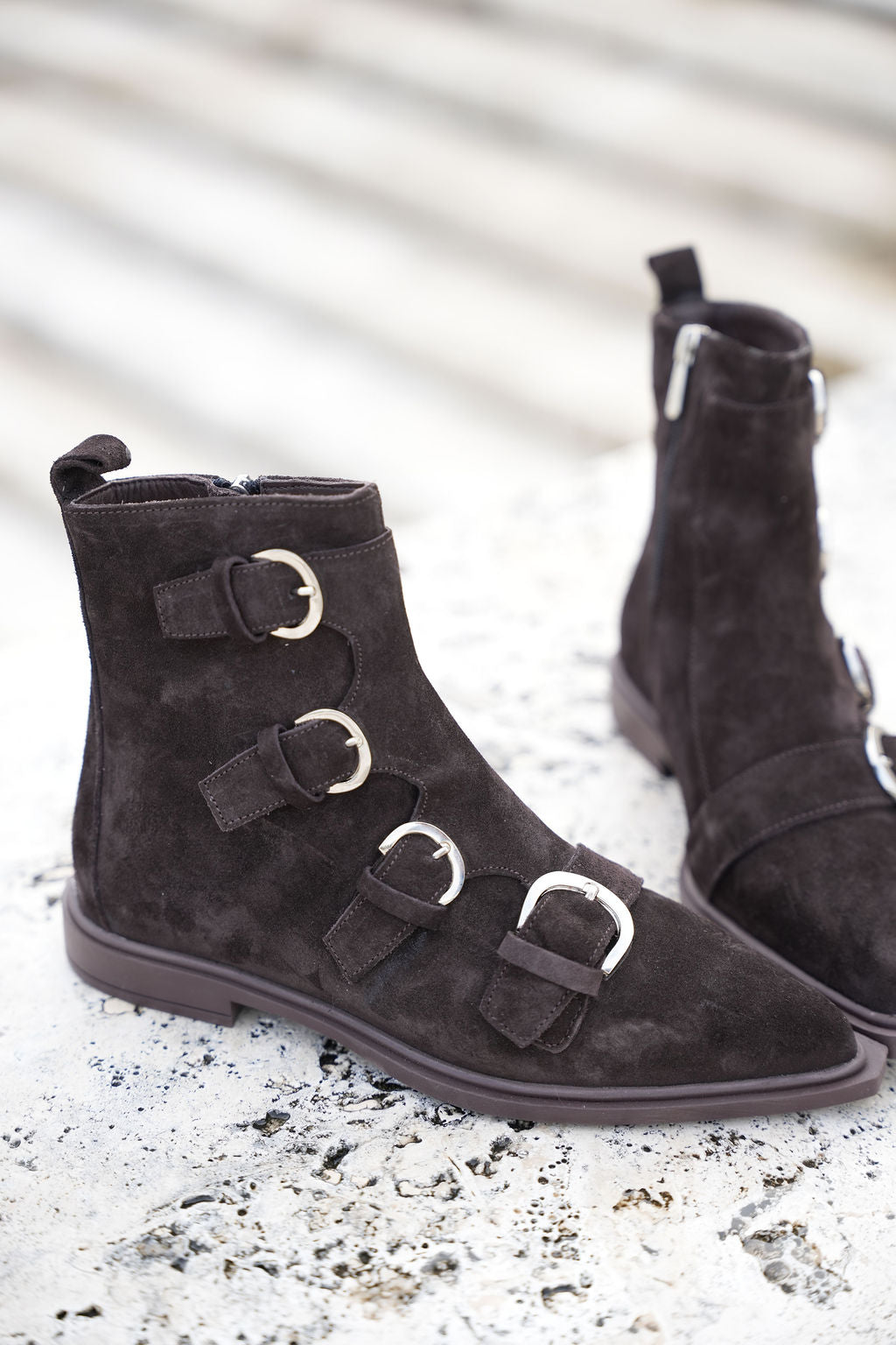 Women’s Brown Suede Ankle Boots with Buckle Strap