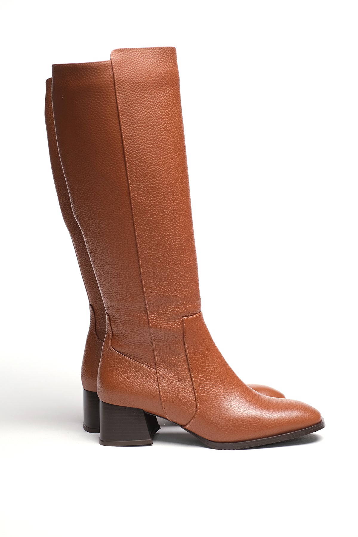 Genuine Leather Knee-High Boots – Tan | Women’s Block Heel Boots