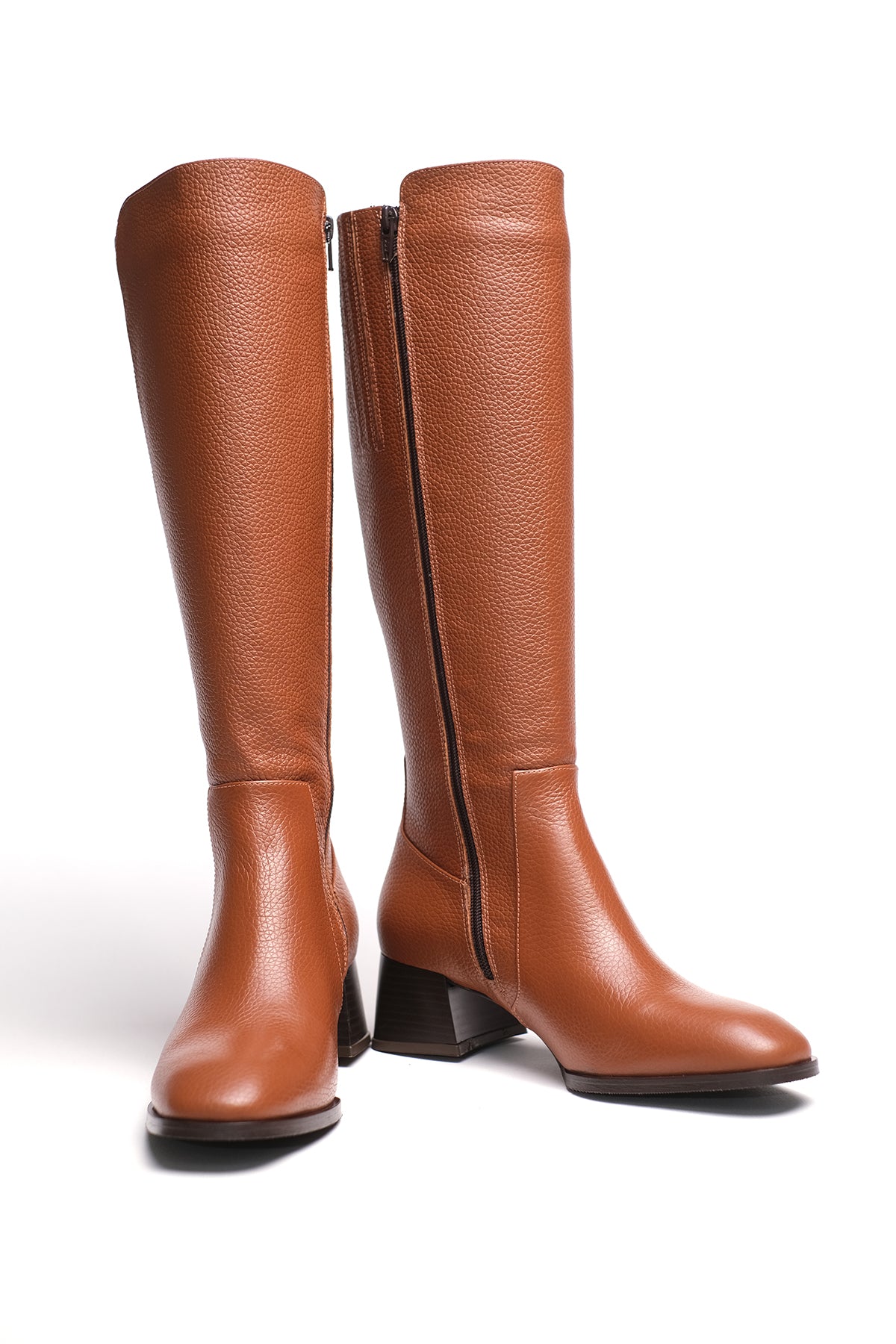 Genuine Leather Knee-High Boots – Tan | Women’s Block Heel Boots