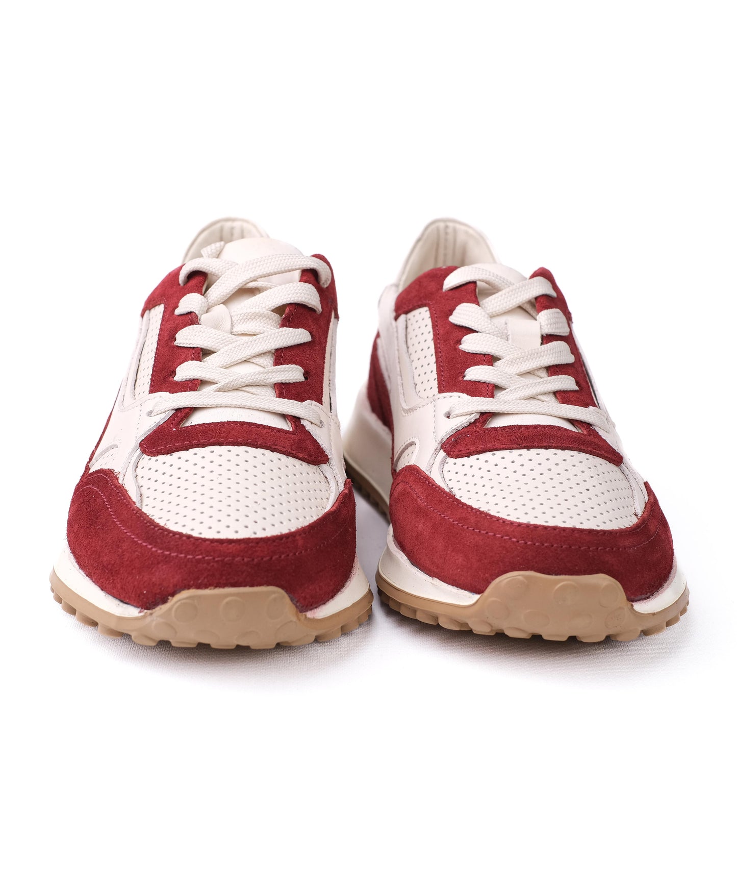 White  and Burgundy Leather Sneakers – Retro Running Style