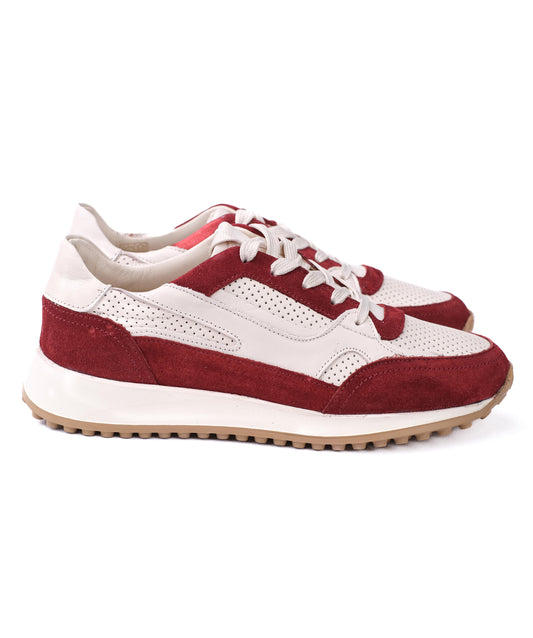 White  and Burgundy Leather Sneakers – Retro Running Style