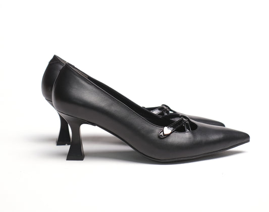Women’s Black Leather Stilettos with Curved Heel and Buckle Accent