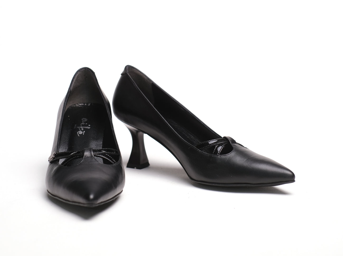 Women’s Black Leather Stilettos with Curved Heel and Buckle Accent